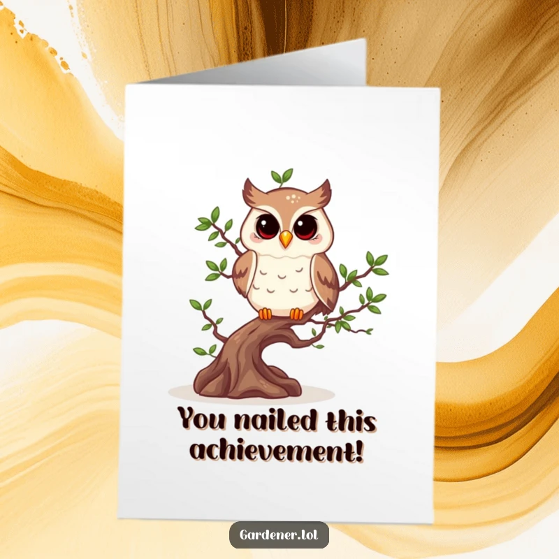 Funny Free Printable Congrats Card: A cheerful owl meticulously prunes a bonsai, conveying congratulations with peaceful humor.