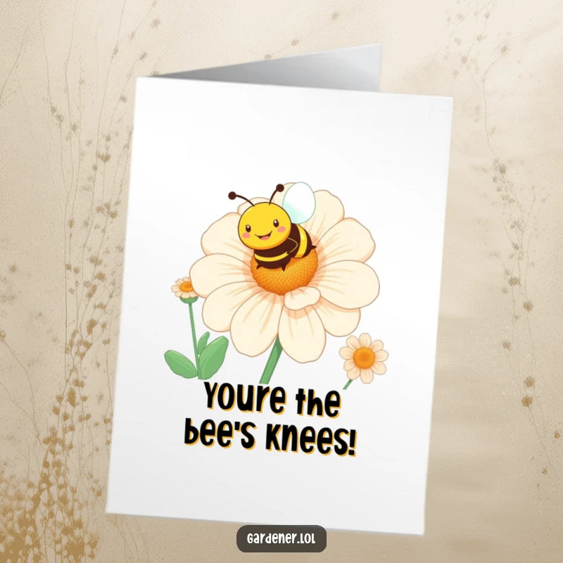 Funny Free Printable Congratulations Card: Happy bee smiles over a giant flower, conveying sweet wishes.