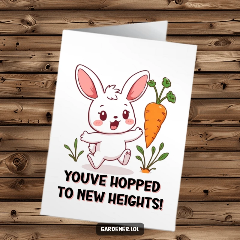 Funny Free Printable Congratulations Card: Surprised Kawaii bunny gardener hops away from a rogue hopping carrot, celebrating escape.