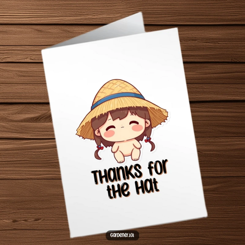 Funny Free Printable Thank You Card: Character wears a straw hat that is slightly too big, expressing thanks.