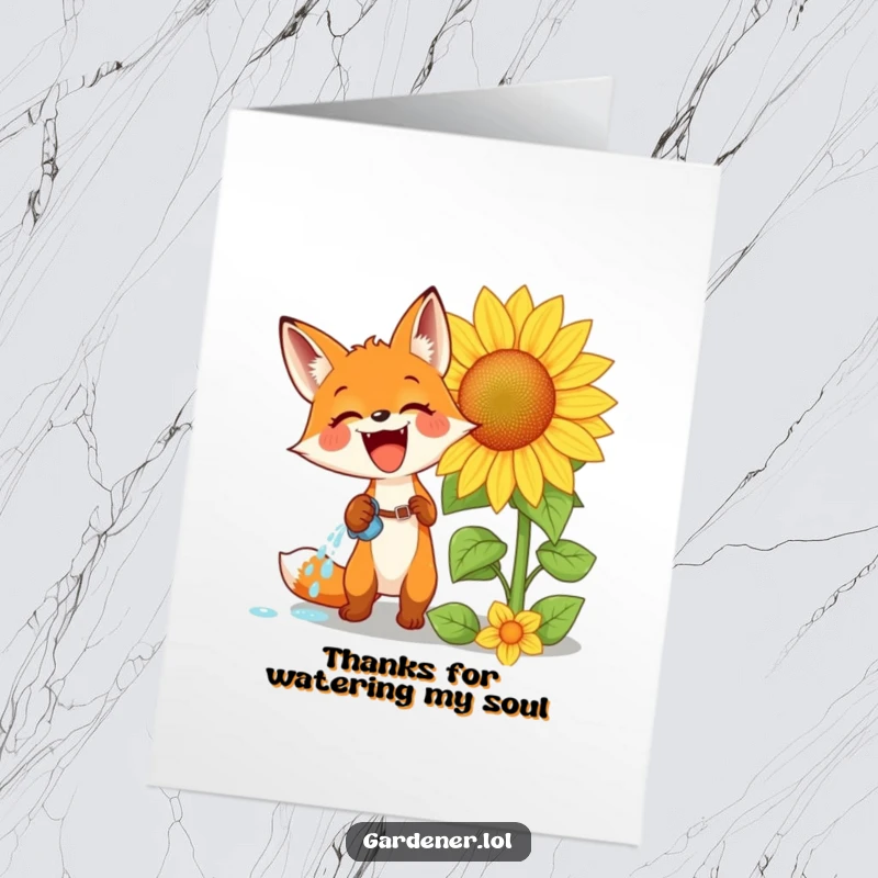 Funny Free Printable Thank You Card: Excited fox watering a huge sunflower, expressing heartfelt thanks with pure glee.