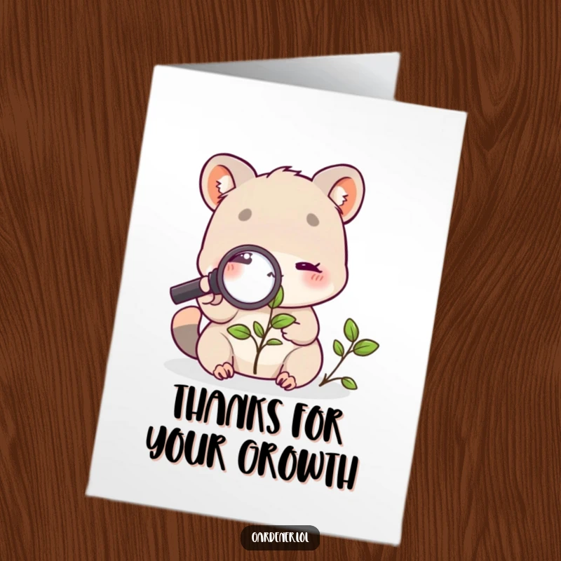 Funny Free Printable Thank You Card: Cute animal intently studying a plant with a magnifying glass, expressing thanks with scientific curiosity.