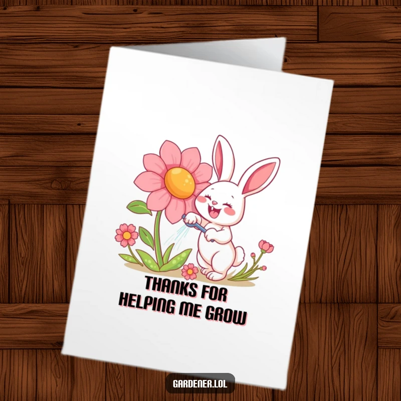 Funny Free Printable Thank You Card: Happy rabbit watering a giant smiling flower, showing thanks with floral cheer.