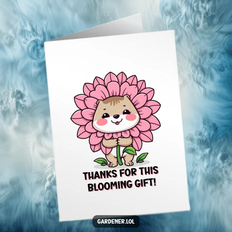 Funny Free Printable Thank You Card: A cheerful animal gardener proudly presents a ridiculously large flower, expressing immense gratitude.
