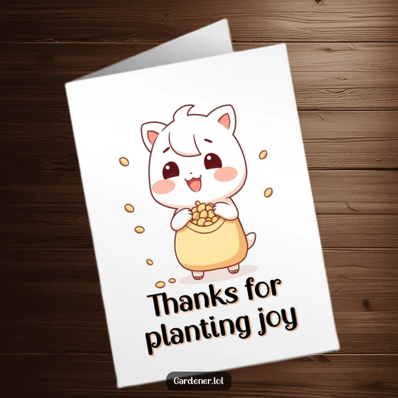Funny Free Printable Thank You Card: A happy gardener character scattering seeds, expressing heartfelt thanks with a grin.