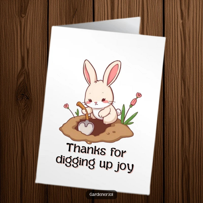 Funny Free Printable Thank You Card: A busy rabbit digging a hole with a tiny shovel, sending thanks with effort.