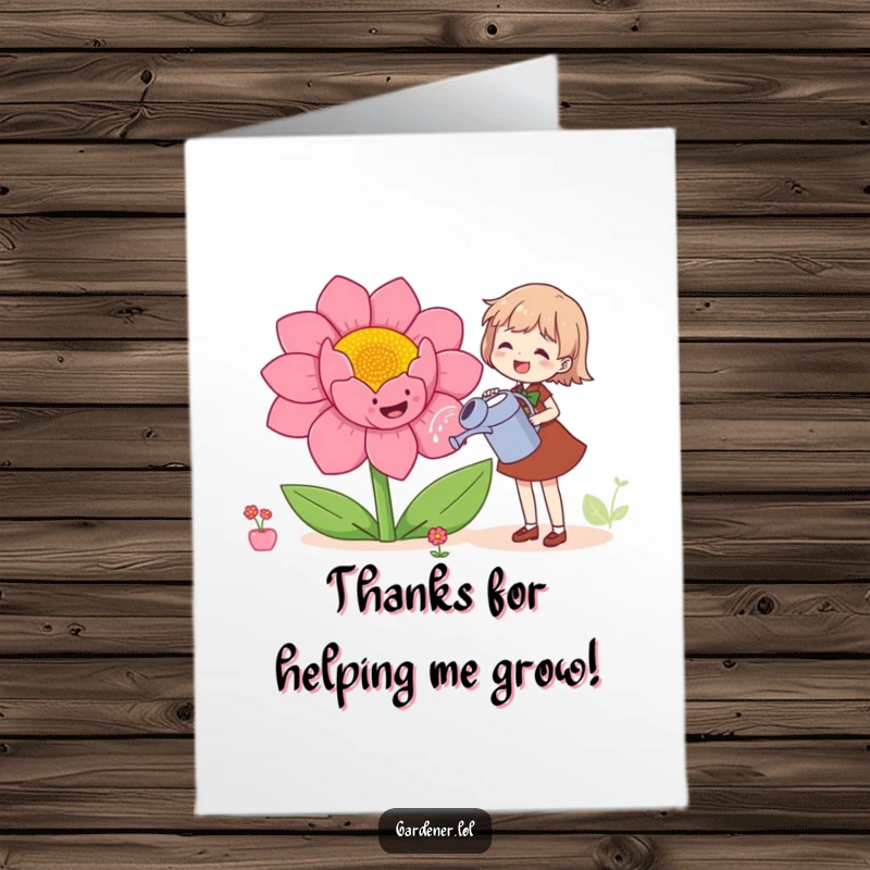 Funny free printable thank you card featuring a character watering a giant happy flower, a cheerful way to say thanks.