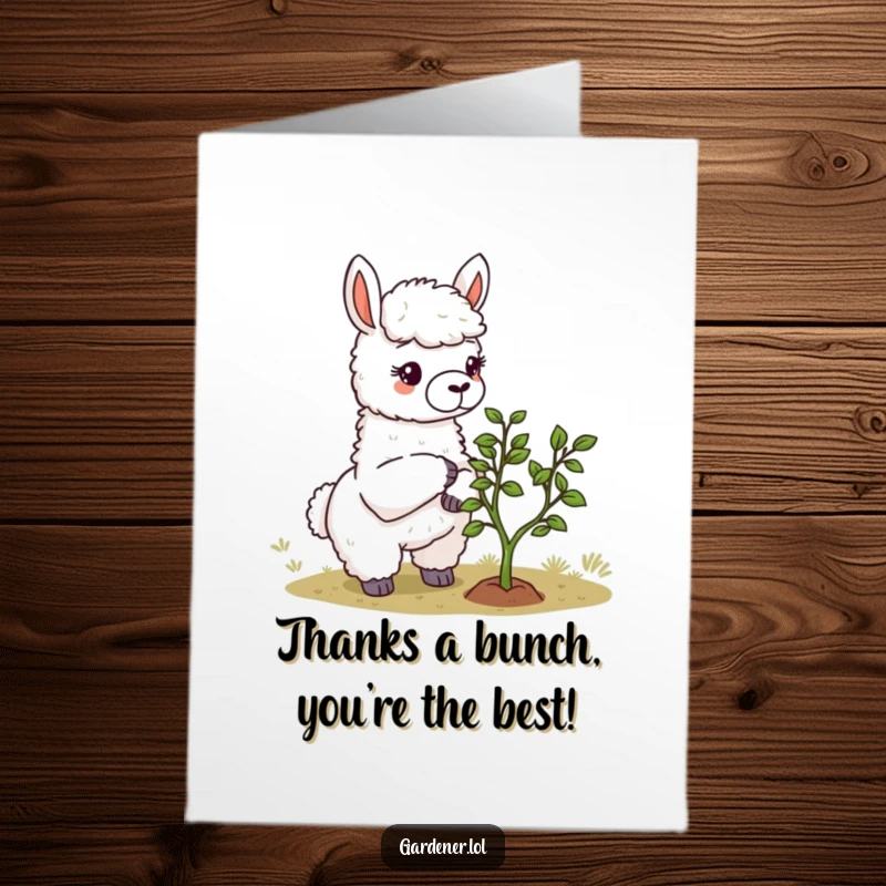 Funny Free Printable Llama Gardener Thank You Card, carefully pruning a bonsai, showing appreciation with a smile.