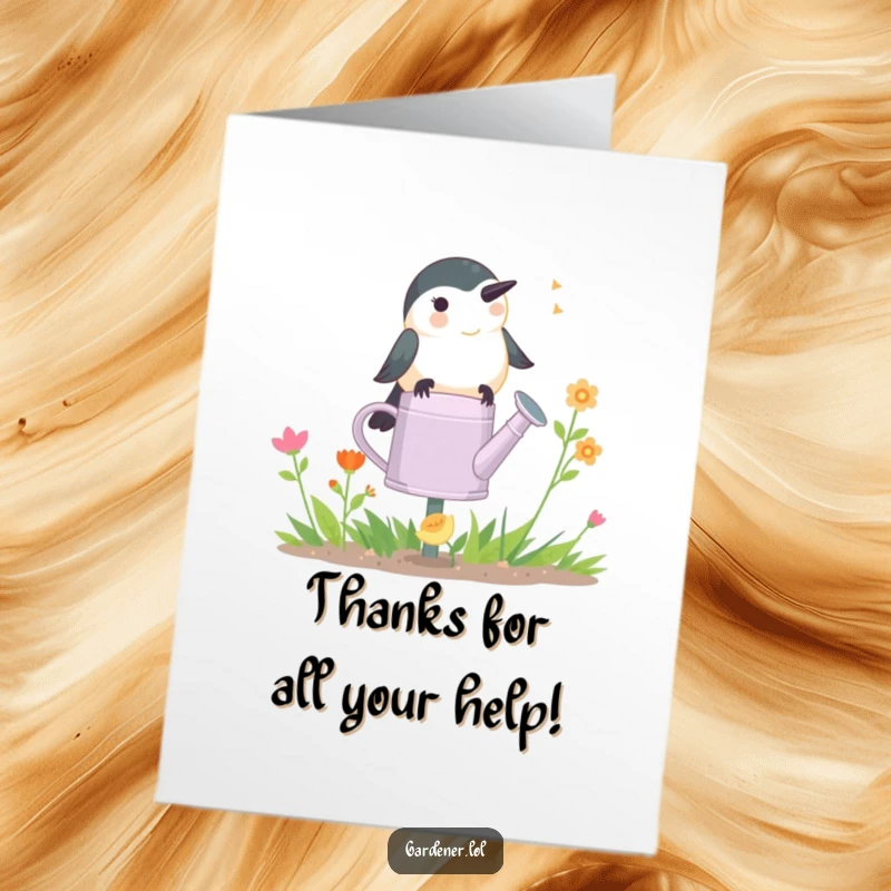Funny Free Printable Chickadee Gardener Thank You Card, perched on a watering can, chirping warm thanks.