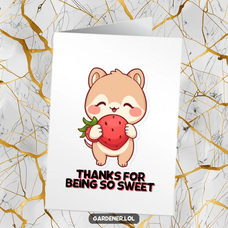 Funny Free Printable Thank You Card: Cute animal examining a plump, happy strawberry with glee, expressing thanks.