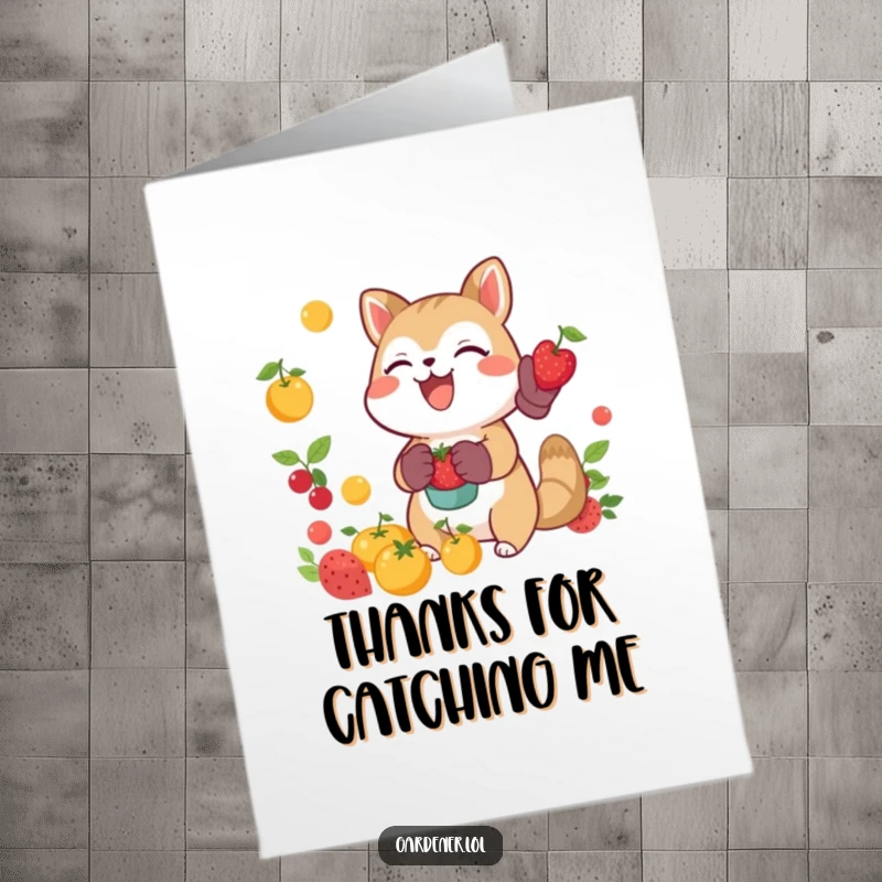 Funny Free Printable Thank You Card: Joyful animal uses gardening gloves to catch falling fruit, a symbol of abundant thanks.
