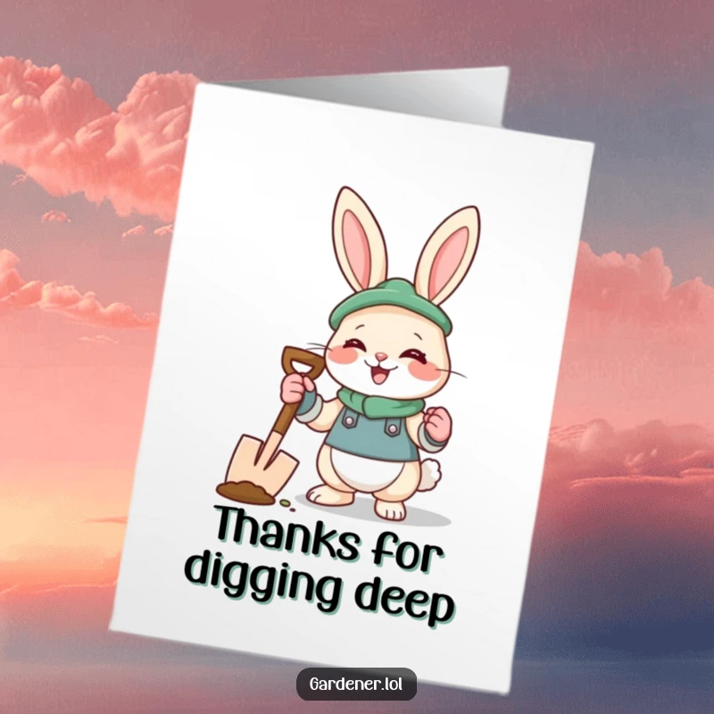 Funny Free Printable Thank You Card: Giggling rabbit gardener with spade, expressing thanks with humor.