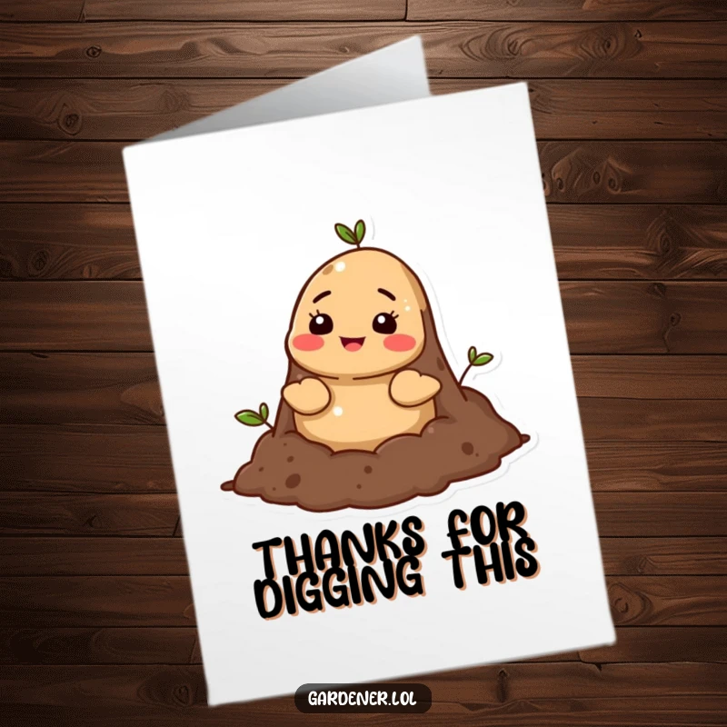 Funny Free Printable Thank You Card: Cheerful mole popping head from soil, expressing thanks, a DIY gift.