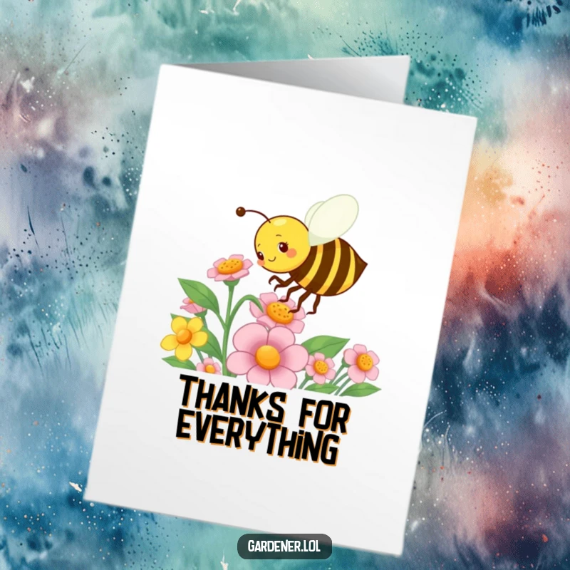 Funny Free Printable Thank You Card: A busy bee gardener energetically pollinates a flower, a sweet gesture of thanks, great for DIY.