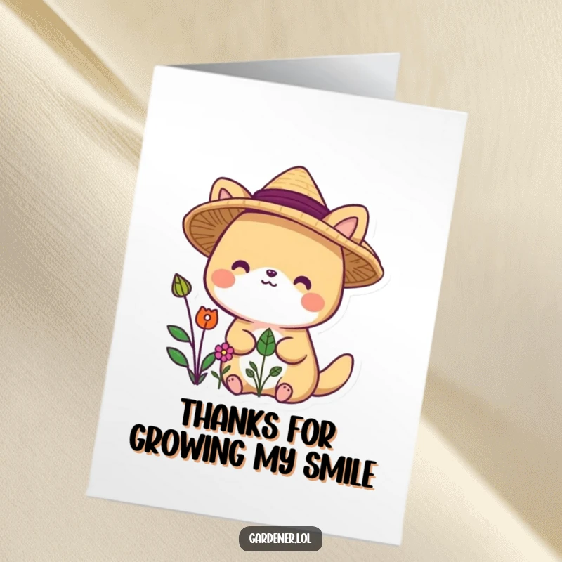 Funny Free Printable Thank You Card: Cute animal wearing a straw hat, looking delighted at plants, expressing sincere thanks.