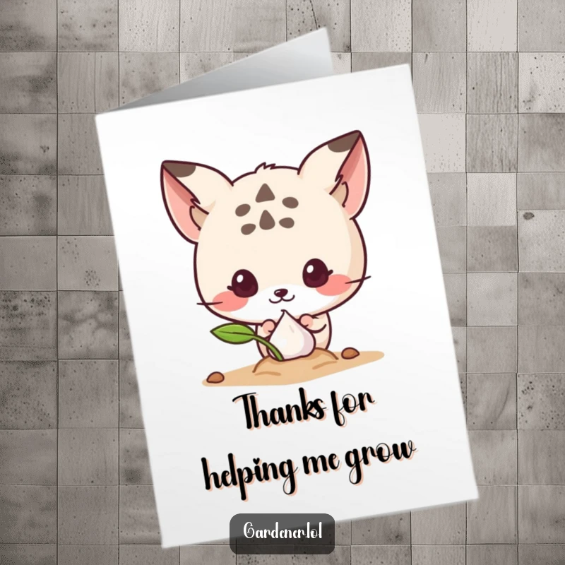 Funny Free Printable Thank You Card: Cute animal peeking at a tiny sprouting seed, expressing quiet, humorous gratitude.