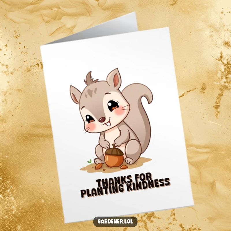 Funny Free Printable Thank You Card: A smiling squirrel plants a tiny acorn, a symbol of growing appreciation.