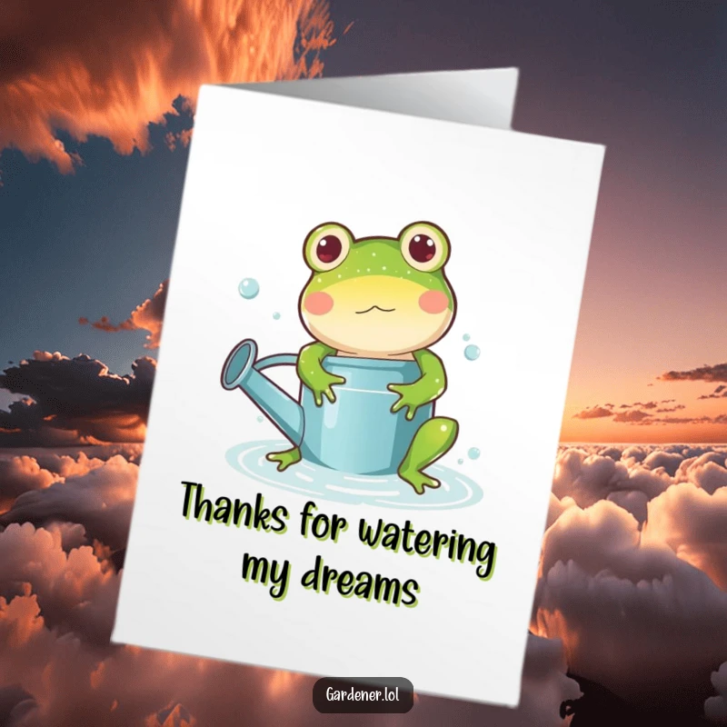 Funny Free Printable Thank You Card: Playful frog splashing in watering can, saying thanks, a DIY gift.