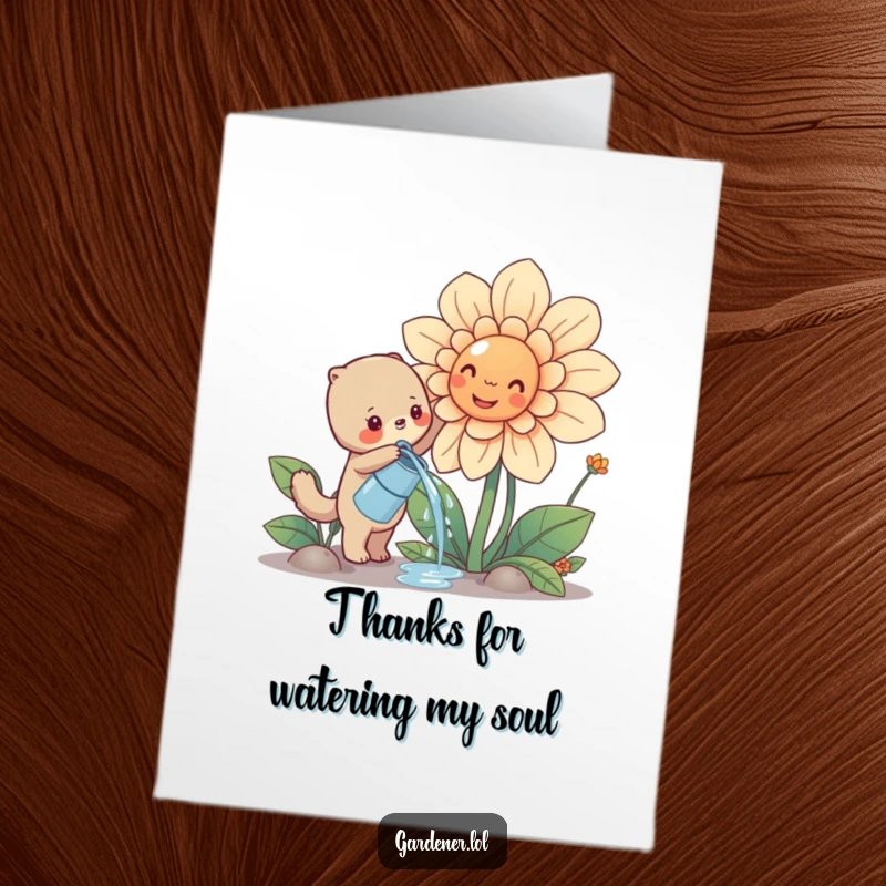 Funny Free Printable Thank You Card: Cute animal waters a giant smiling flower, a blooming gesture of thanks.