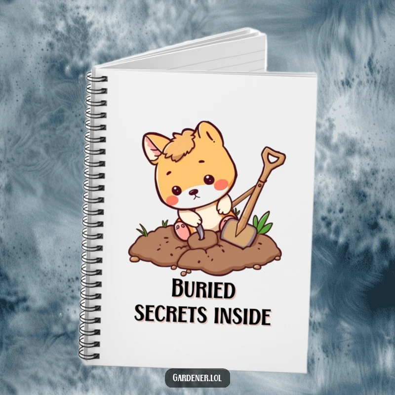 Funny playful animal digging in the dirt with a tiny shovel, lined notebook for journaling, cute gardening theme.