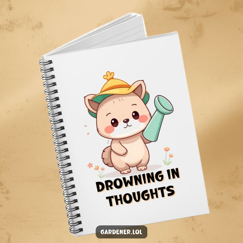 Funny notebook showcasing a cute animal character wearing a watering can as a hat, perfect for journaling with a dose of whimsy.