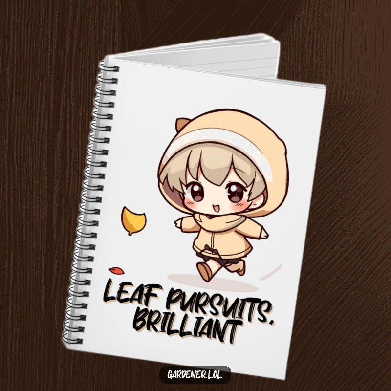 Funny Notebook: A character determinedly chases a falling autumn leaf, ideal for capturing fall notes and creative ideas.