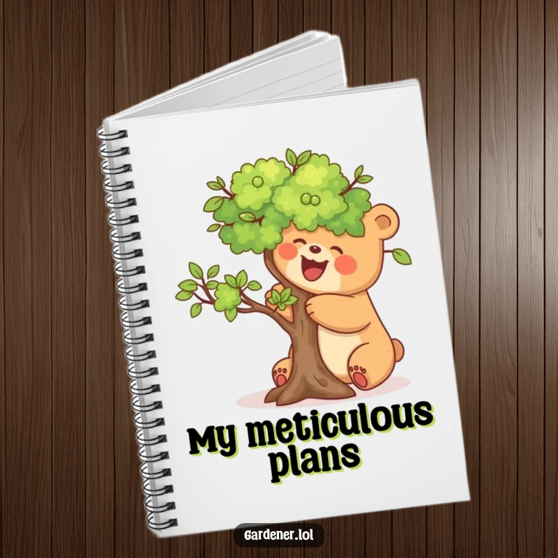 Funny notebook featuring a joyful bear carefully pruning a miniature tree, designed for jotting down notes with a calm vibe.