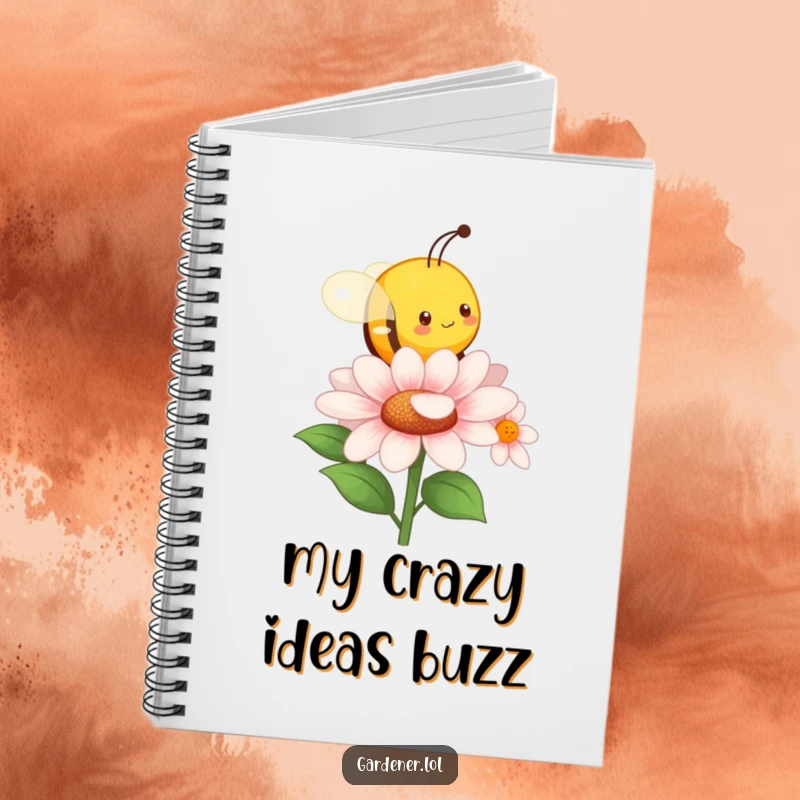 Funny notebook cover with a character imitating a busy bee buzzing around a flower. A cheerful and functional funny gift.