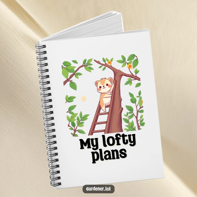 Funny determined animal climbing a ladder to reach high branches, lined notebook for journaling, motivational theme.