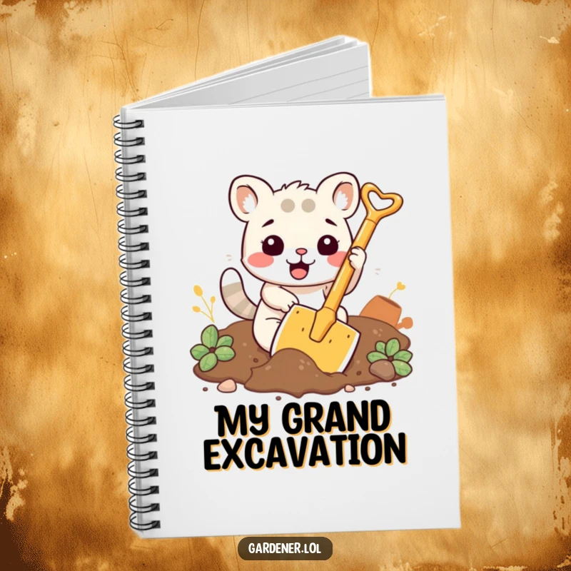 Funny notebook with a kawaii animal character enthusiastically digging soil with a comically large shovel.