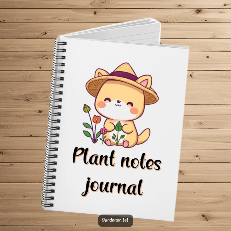 Funny animal character notebook open, with straw hat and plants nearby, ready for humorous notes.