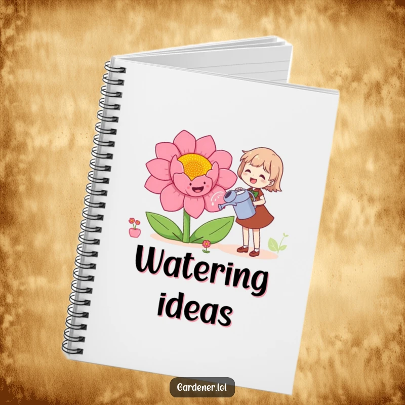 Funny notebook featuring a character joyfully watering a giant, smiling flower, perfect for journaling garden dreams.