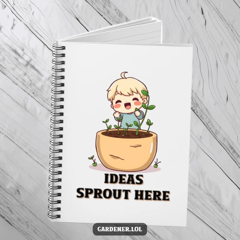 Funny notebook with a happy character planting small seeds into a giant pot, inspiring garden ideas.
