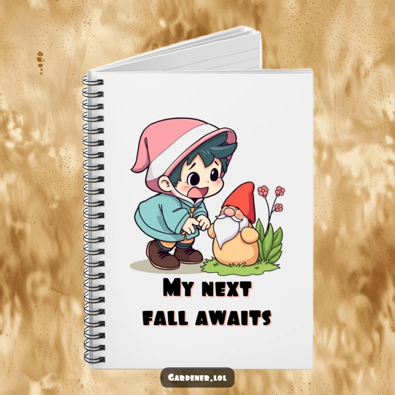 Funny notebook cover with a character comically tripping over a garden gnome, looking startled. A humorous and practical funny gift.