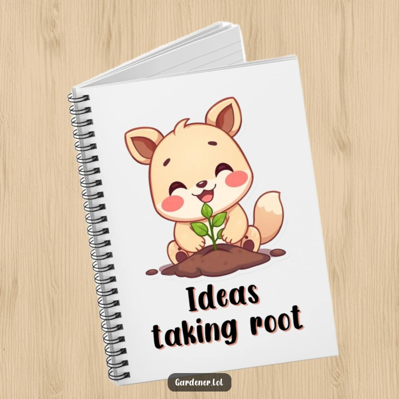 Funny happy animal planting a tiny seedling with a big smile, lined notebook for journaling, cheerful gardening theme.