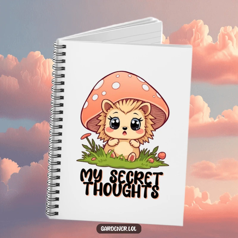 Funny hedgehog notebook with a surprised animal peeking from behind a mushroom, ideal for journaling and note-taking.
