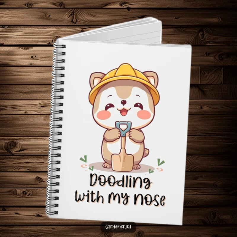 Funny notebook with a happy character balancing a tiny shovel on its nose, inspiring creative thoughts.
