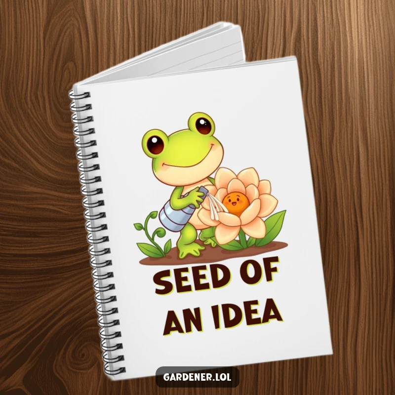 Funny Kawaii Frog Notebook: Frog gardener watering a giant smiling flower, ideal for jotting down cheerful notes and ideas, a great funny gift.