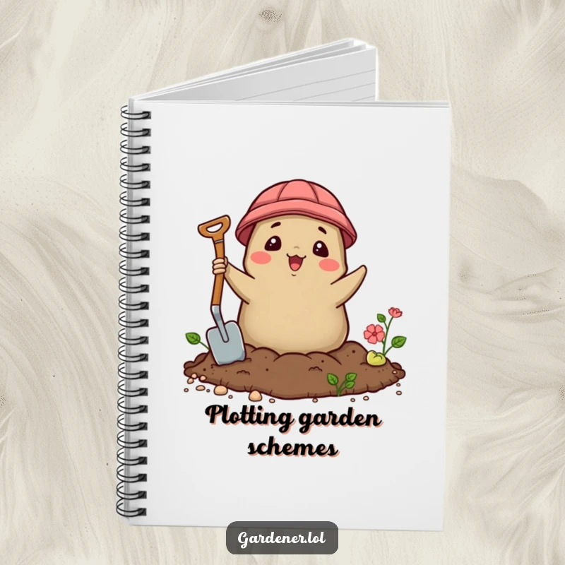 Funny Kawaii mole gardener notebook, a delighted character emerging from soil with a trowel, for notes and journaling.