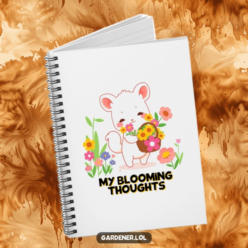 Funny notebook cover with a cute animal character happily collecting vibrant flowers in a basket, perfect for jotting down happy thoughts.