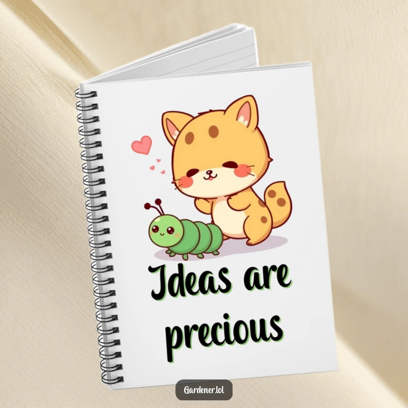 Funny notebook cover with a cute animal character playfully shooing away a cartoon caterpillar, perfect for jotting down funny ideas.