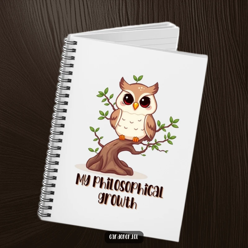 Funny owl with pruning shears on the cover of a notebook, tending to a bonsai.