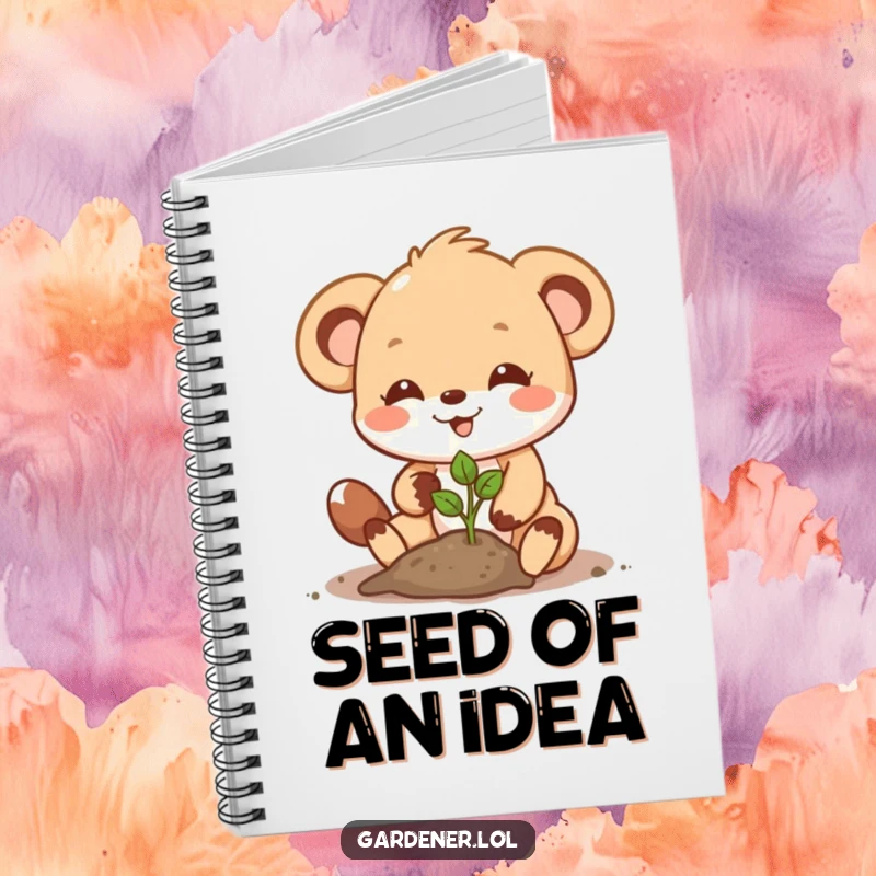 Funny Notebook: A cute animal character with a determined smile plants a seedling, perfect for journaling about growth and nature.