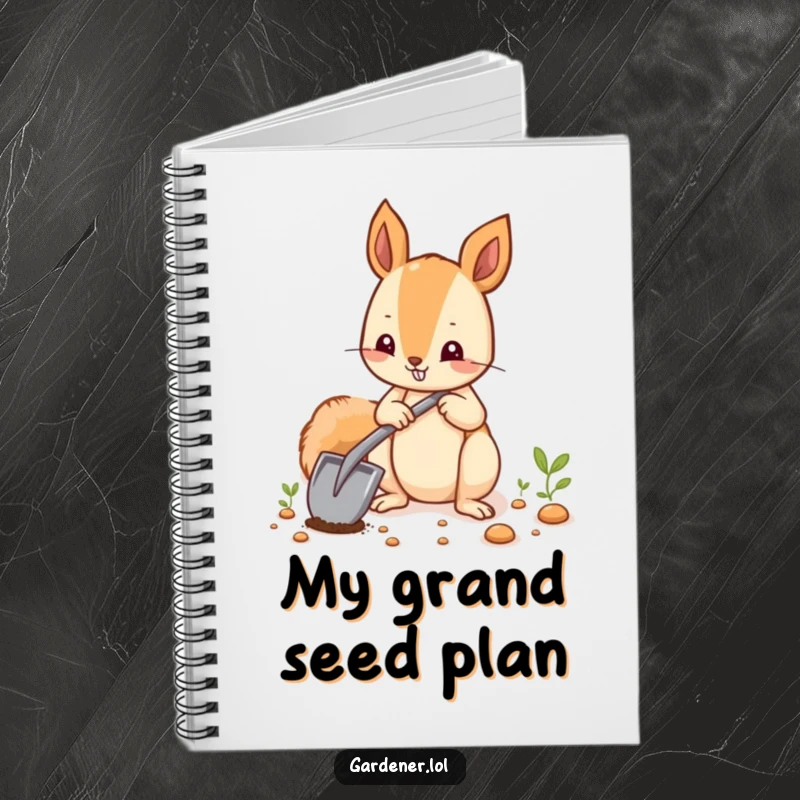Funny squirrel character with a shovel planting seeds, featured on the cover of a notebook.