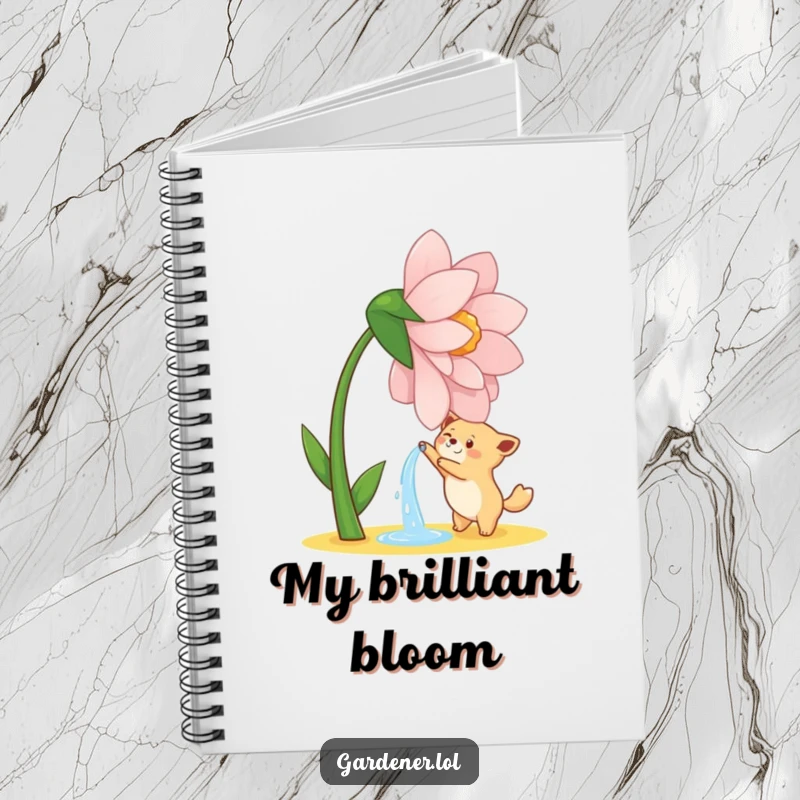 Funny notebook with a cute animal character joyfully watering a giant, dancing flower, for gardening notes.