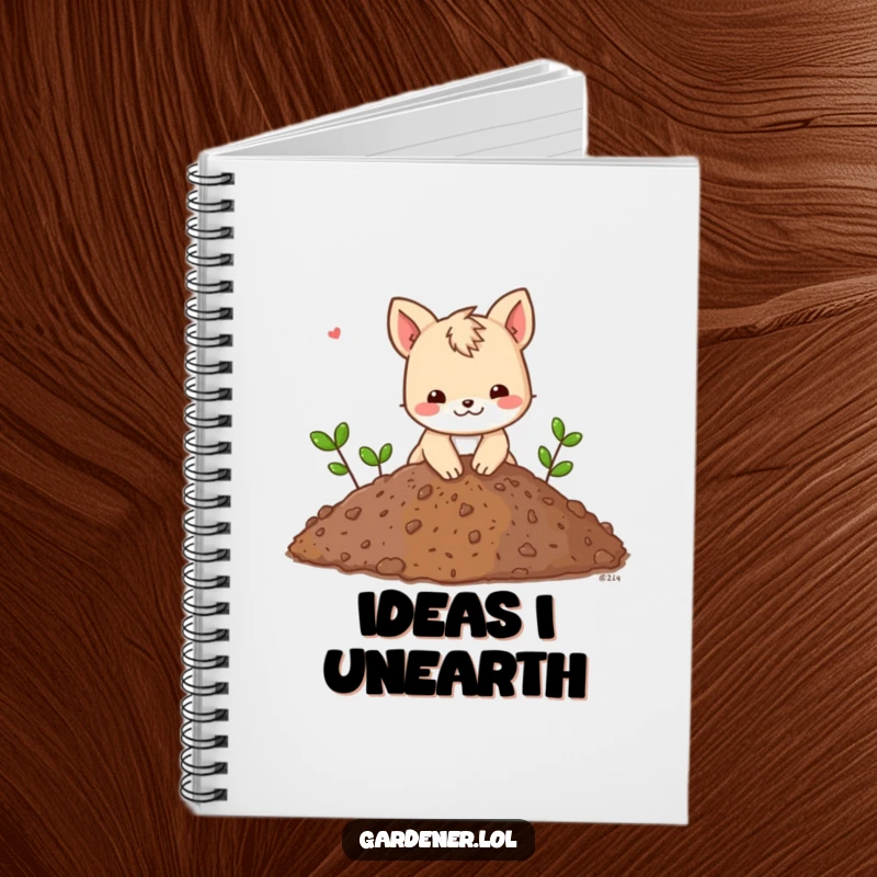 Funny notebook with an animal character playfully digging in a giant pile of soil, perfect for planning ambitious projects.