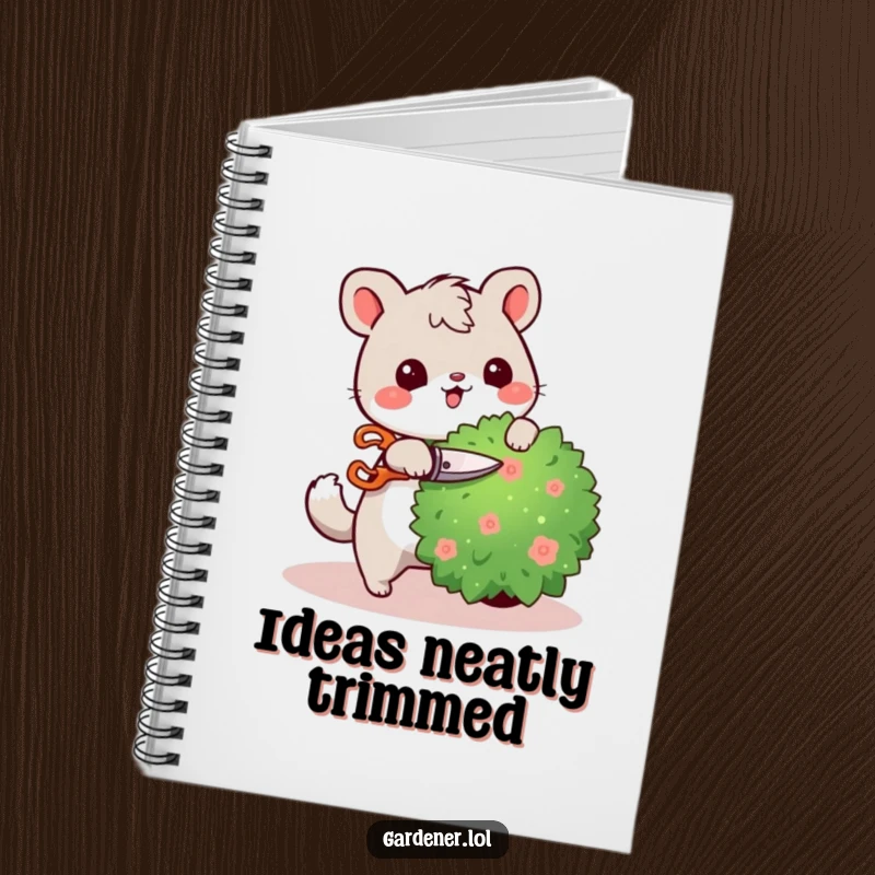 Funny notebook with a cute animal character happily pruning a bush with tiny shears, ideal for jotting down notes with a humorous gardening theme.