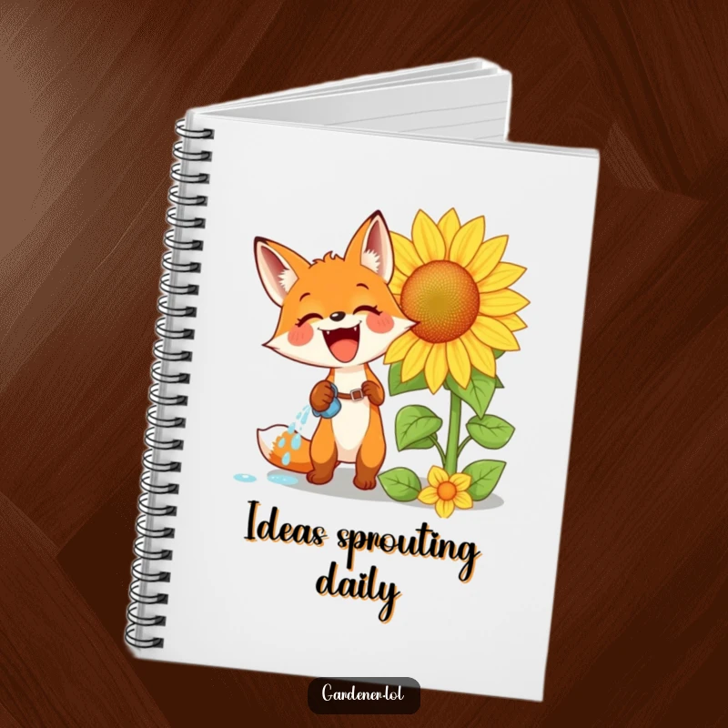 Funny notebook featuring an excited fox watering a giant sunflower with glee, designed for jotting down notes with a smile.