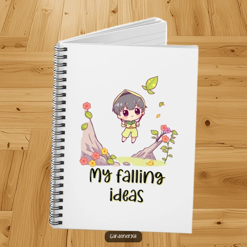 Funny notebook cover with a character trying to catch a falling leaf with a butterfly net. Cheerful and functional funny gift.