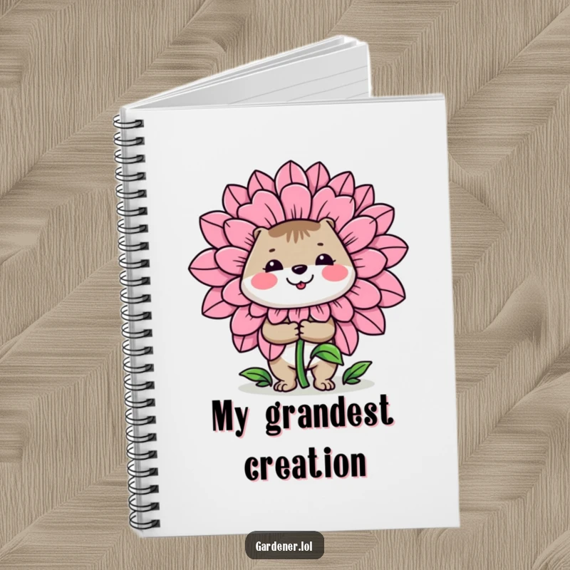 Funny notebook: A cheerful animal gardener proudly presents a ridiculously large flower, perfect for journaling gardening notes and ideas.